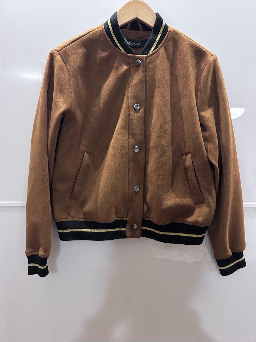 Zara Suede-Look Bomber Jacket In Camel With Black And Gold Trim